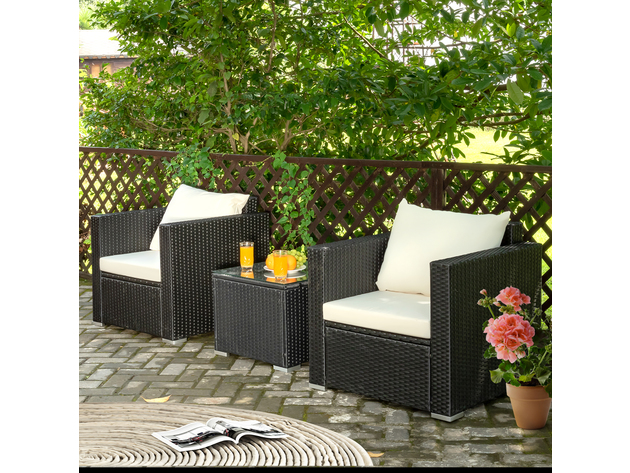 Costway 3 Piece Patio wicker Furniture Set Conversation Rattan Sofa Set w/Cushion Garden Black