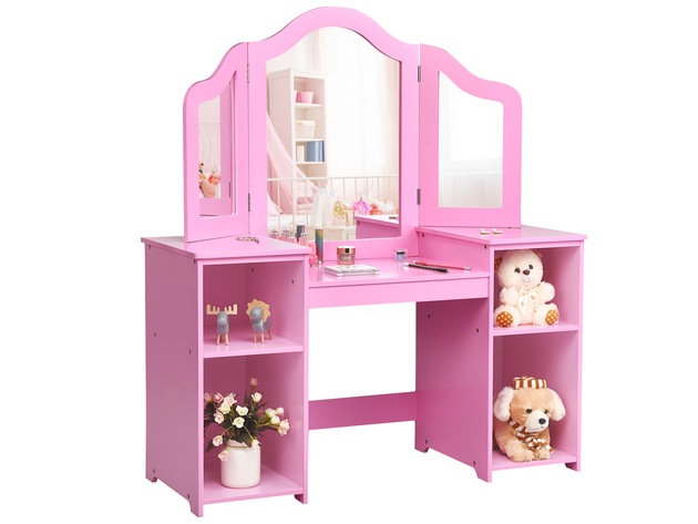 Costway Vanity Table Set Makeup Dressing Kids Girls Study Table Tri Folding Mirror  WhitePink - Pink