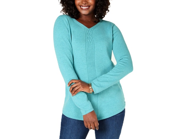 Karen Scott Women's Cotton Mixed-Knit Sweater Aqua Size Large