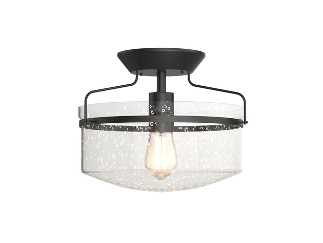 Costway Semi Flush Mount Ceiling Light Fixture Industrial Seeded Glass Pendant Lamp - Black