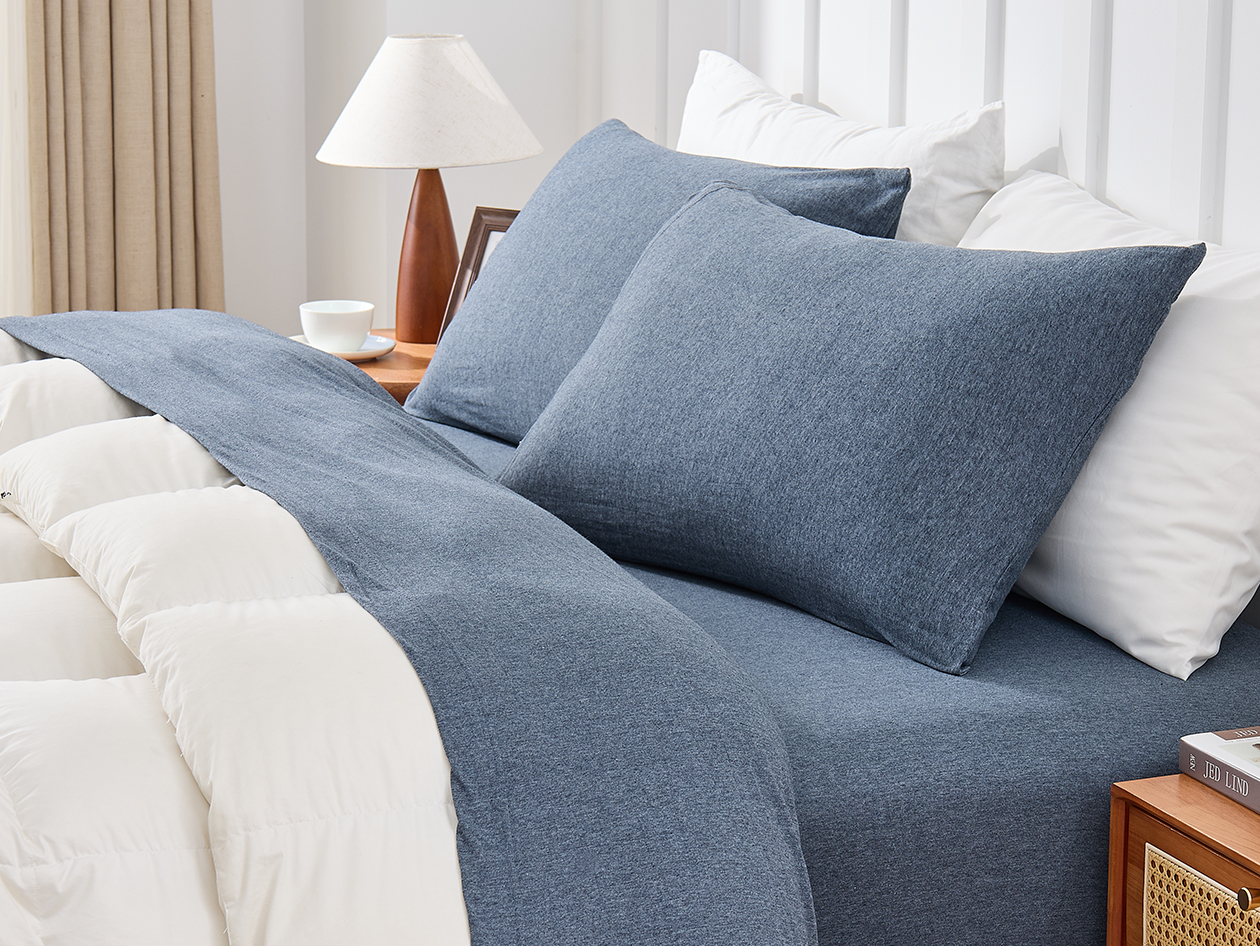 Kathy Ireland 4 Piece Heathered Jersey Knit Cotton Sheet Set (King/Denim)