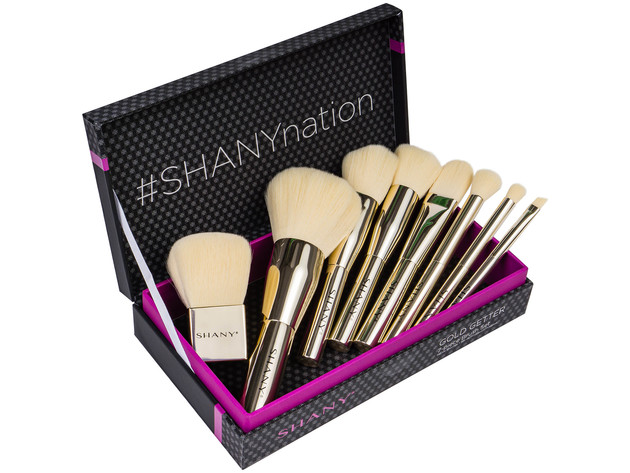 SHANY Gold Getter Cosmetics Brush Set – Premium Travel Makeup Brush Kit with Chrome Finish - Includes Portable Canvas Brush Holder Tote and Bonus Kabuki Brush - 7 PCS