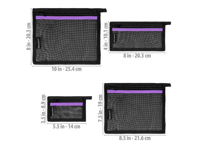 SHANY 4-in-1 Mesh Travel Toiletry and Makeup Bag Set - Assorted Sizes Cosmetic Organizers with Attaching Loops and Purple Accent