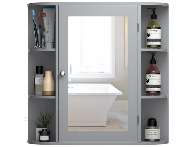 Costway Wall Mounted Medicine Cabinet w/Mirrored Door and 6 Open Shelves- Gray