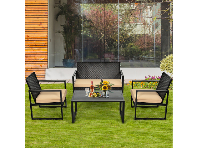 Costway 4 Piece Patio Rattan Furniture Set Cushioned Sofa Coffee Table Garden Deck Brown