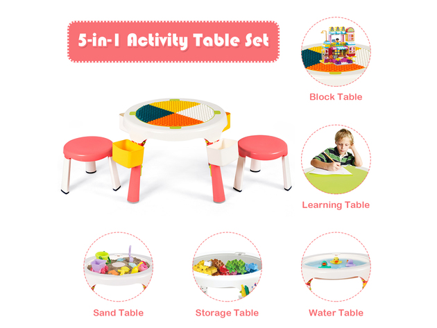 Costway 5-in-1 Kids Activity Table Chair Set Folding Building Block Table w/Storage GreenPink - Pink