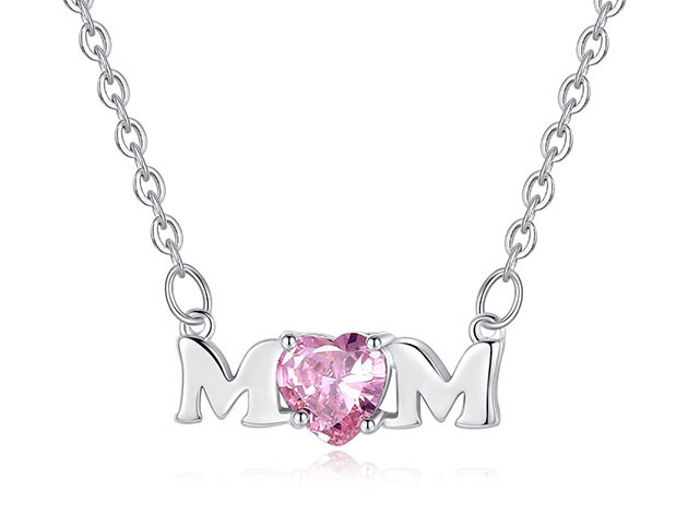 Mom Necklace Pendant 18K Gold with Pink Heart Stone Cubic Zirconia