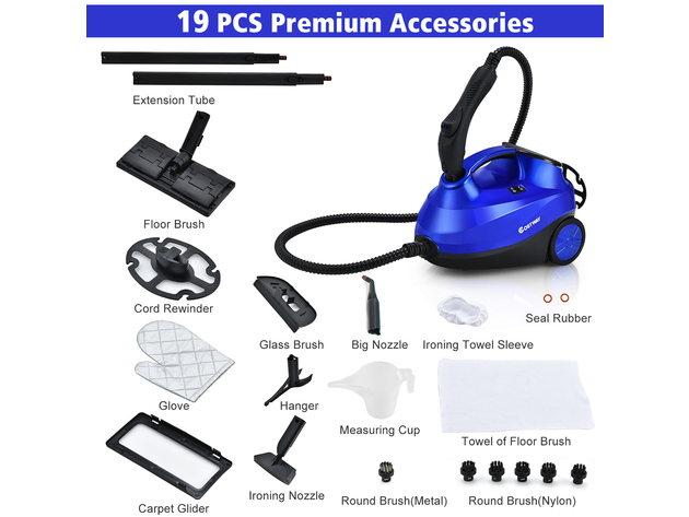 Costway 2000W Heavy Duty Steam Cleaner Mop Multi-Purpose W/19 Accessories Purple\Blue - Blue