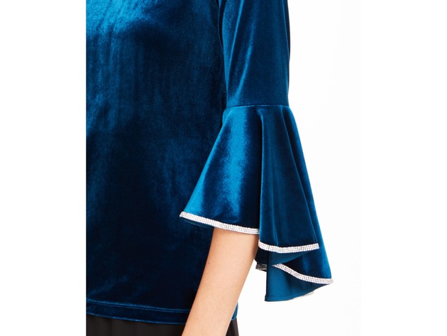 MSK Women's Embellished-Trim Women's Velvet Bell-Sleeve Top Blue Size Medium