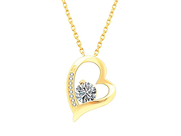 Curved Heart Pendant Necklace with White Swarovski Crystals (Gold)