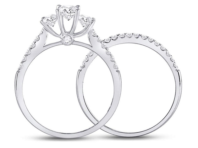 1.00 Carat (ctw G-H, I1) Three Stone Diamond Engagement Ring Bridal Wedding Band Set 14K White Gold - 6