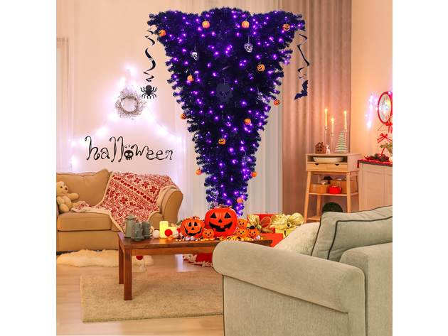 Costway 7ft Upside Down Christmas Halloween Tree Black w/400 Purple LED Lights