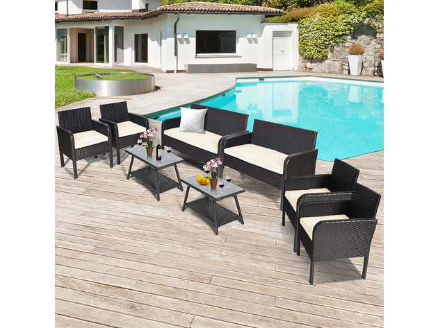 Costway 8 Piece Patio Rattan Wicker Furniture Set Conversation Sofa Bench Cushioned - White