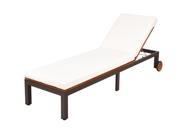 Costway Patio Acacia Wood Lounge Chair Chaise Recliner Adjustable Backrest Cushion Wheel - White