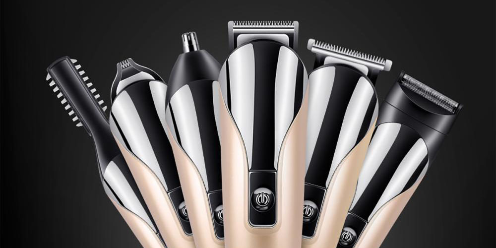 Six electric hair clippers with different heads