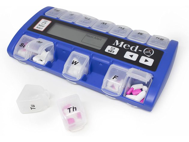 Med-Q 7480 Digital Pill Box Organizer, 2 Beep Reminder, LED Alert, Blue