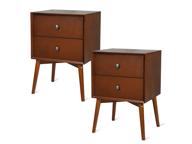 Costway 2PCS Nightstand Mid-Century End Side Table 2 Drawer Rubber Wood Legs Living Room - Brown