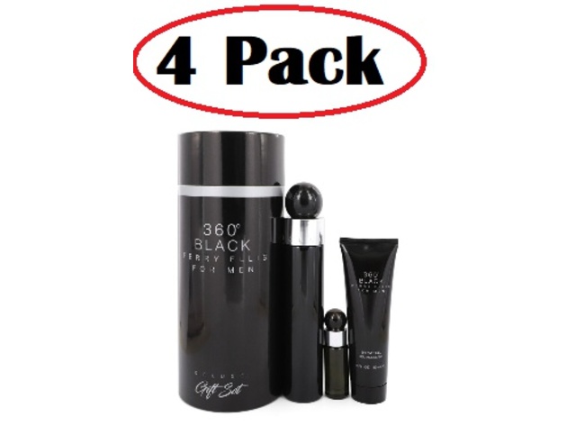 4 Pack of Perry Ellis 360 Black by Perry Ellis Gift Set -- 3.4 oz Eau De Toilette Spray + .25 oz Mini EDT Travel Spray + 3 oz Shower Gel