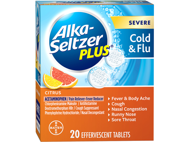 Alka-Seltzer Plus Effective Severe Cold & Flu Citrus Effervescent Tablet, Get Fast and Effective Relief from Your Cold and Flu Symptoms, 20 Counts