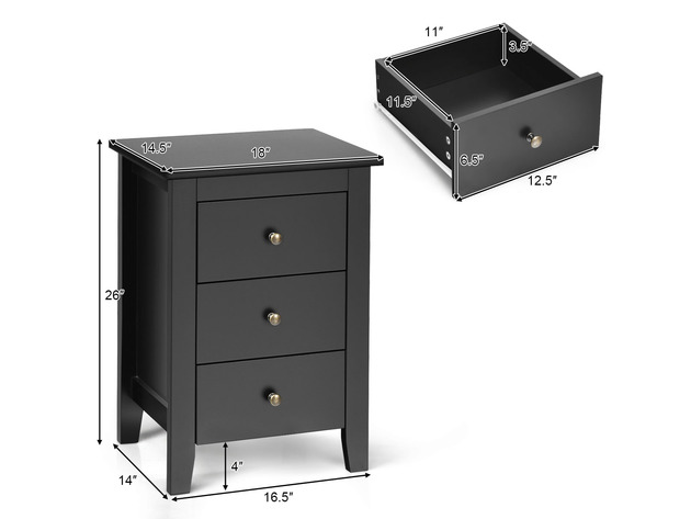 Costway Nightstand End Beside Sofa Table Cabinet w/ 3 Drawers Bedroom Furniture - Black