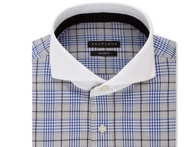 Sean John Men's Blue Plaid French Cuff Dress Shirt Navy Size 16-34-35