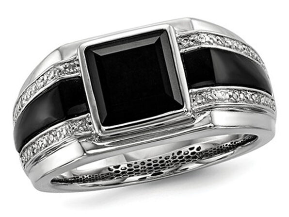 Mens Black Onyx Ring With Accent Diamonds In Black Rhodium Plated Sterling Silver 11 Stacksocial