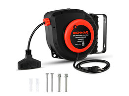 IRONMAx 50ft Retractable Extension Cord Reel Ceiling or Wall Mount w/ Triple Tap Outlet - Black/Red
