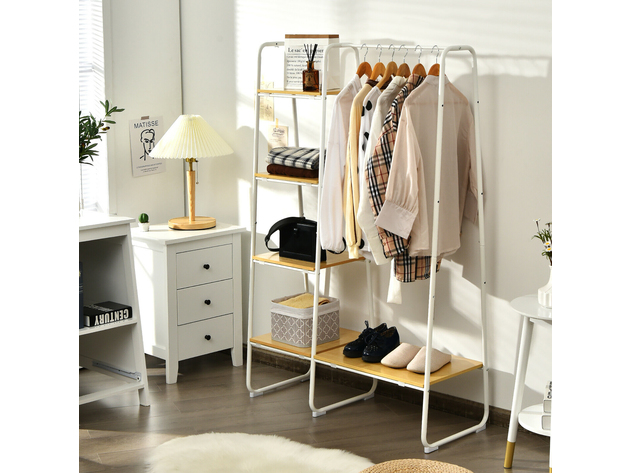 Cosway Metal Garment Rack Free Standing Closet Organizer w/5 Shelves Hanging Bar - White and Natural