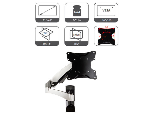 Costway TV Wall Mount Hydraulic Arm Adjustable Monitor Bracket For 32 To 42'' Up To 51lbs - Silver