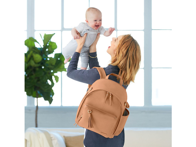 Skip Hop Greenwich Simply Chic Durable Vegan Leather Diaper Backpack, Offering Laidback Luxury for The Effortlessly Chic Mama, Caramel