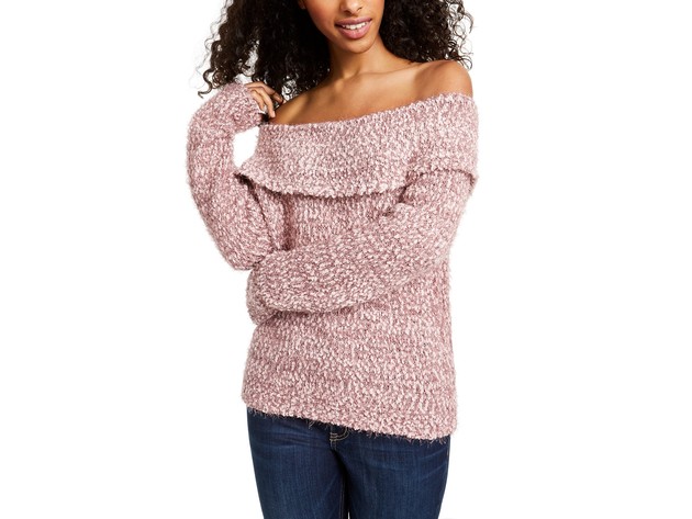 Freshman Juniors' Off-The-Shoulder Fuzzy Sweater Pink Size Large