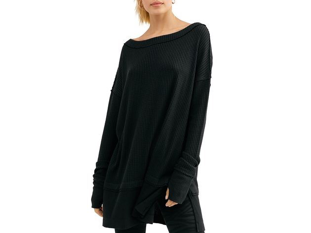 Free People Women's North Shore Thermal Knit Tunic Top  Black Size Extra Small