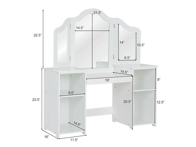 Costway Vanity Table Set Makeup Dressing Kids Girls Study Table Tri Folding Mirror - White