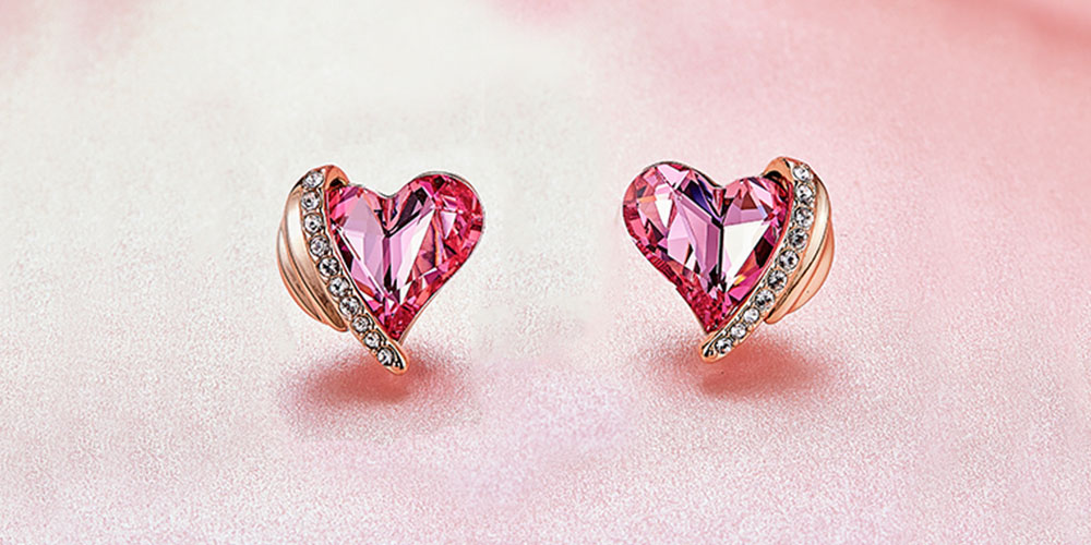 Pink Topaz Heart Stud Earrings in 18K White Gold Plating