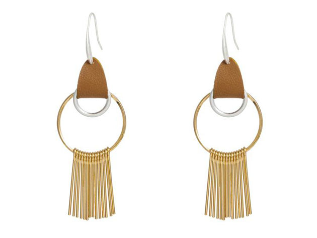 Gold Hoop Earrings with Gold Tassel & Leather Hook