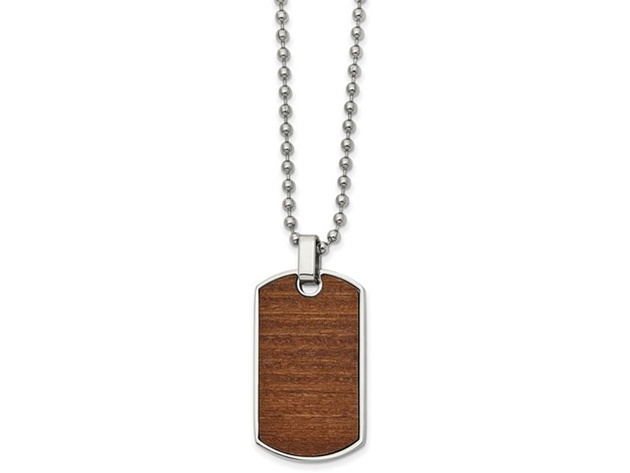 Mens Black Carbon Fiber and Wood Reversible Dog Tag Pendant Necklace in Stainless Steel with Chain