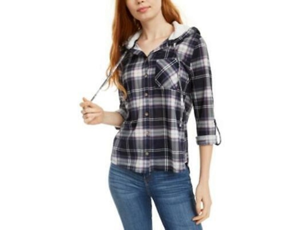Polly & Esther Juniors' Plaid Faux Fur-Trimmed Hoodie Blue Size Extra Large