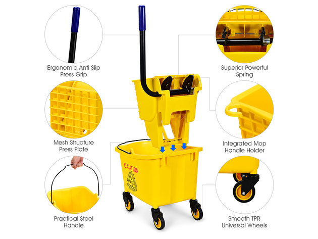 Costway Commercial Mop Bucket Side Press Wringer on Wheels Cleaning 26 Quart Yellow