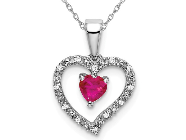 1/6 Carat (ctw) Natural Ruby Heart Pendant Necklace in 14K White Gold with Chain and Accend Diamonds