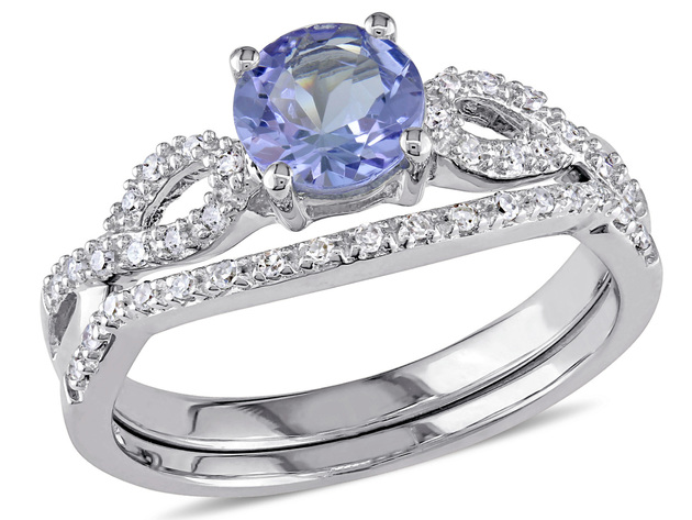 1.00 Carat (ctw) Tanzanite Engagement Ring & Wedding Band in 10K White Gold with Diamonds - 10