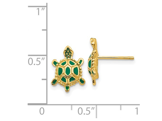 Green Enameled Turtle Charm Earrings in 14K Yellow Gold