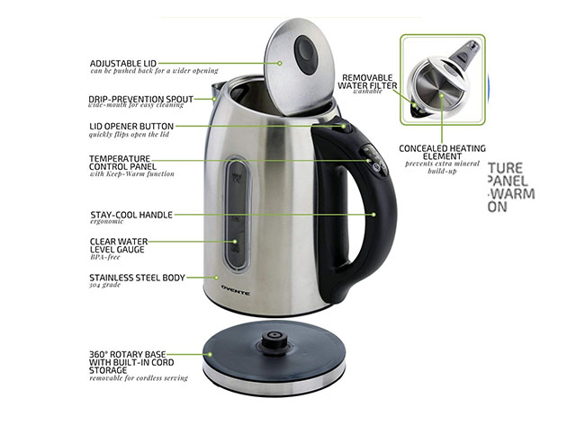 Ovente Stainless Steel 1.7L Electric Kettle with Touch Screen Control Panel