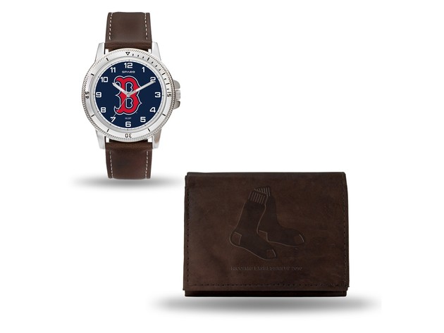 MLB Mens Boston Red Sox Brown Leather Watch/Wallet Set