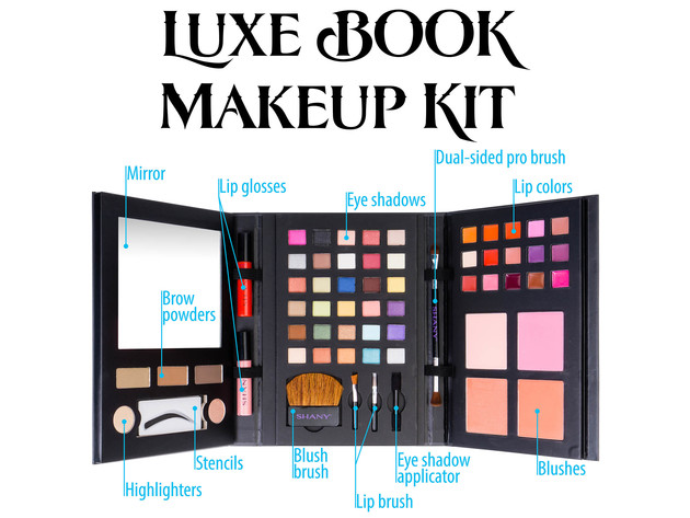 SHANY Luxe Book Makeup Set - All In One Travel Cosmetics Kit with 30 Eyeshadows,  15 Lip Colors, 5 Brushes, 4 Pressed Blushes, 3 Brow Colors, and Mirror