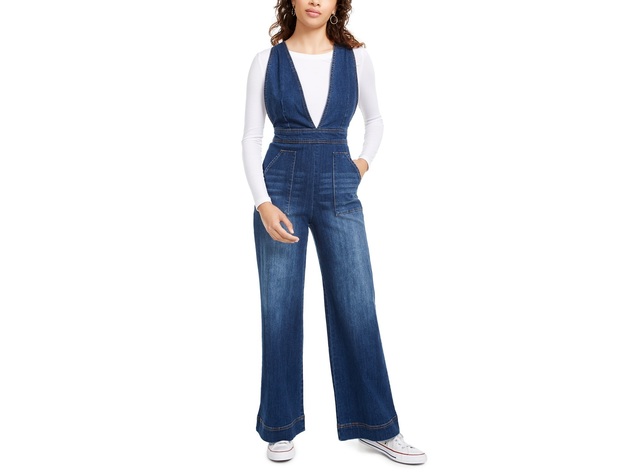 Dollhouse Women's Juniors' Sleeveless V-Neck Denim Jumpsuit Blue Size 7