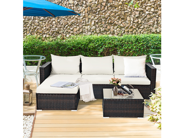 Costway 5 Piece Patio Rattan Furniture Set Sectional Conversation Sofa w/ Table Off White - Off White