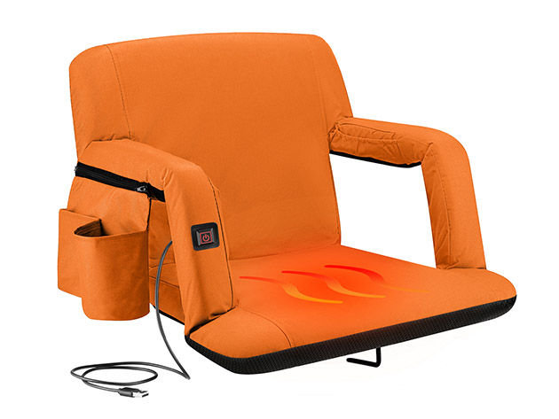 Heated Reclining Stadium Seat with Armrests & Side Pockets (Orange)