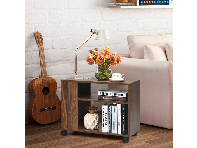 Costway 3-tier Side Table W/Storage Shelf W/Wheels Space-saving Industrial Nightstand - Brown