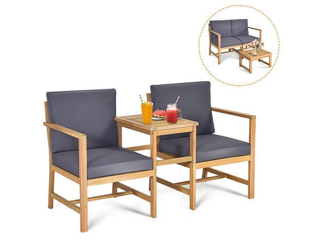 Costway 3 in 1  Patio Table Chairs Set Solid Wood Garden Furniture - Natural Teak