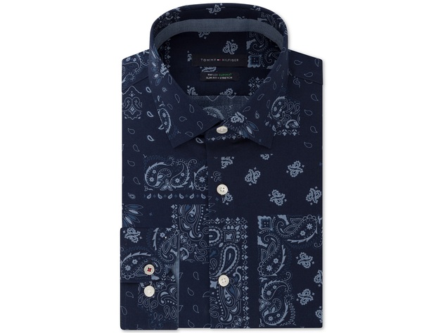 Tommy Hilfiger Men's Paisley Print Dress Shirt Nigth Blue Size 16x34-35